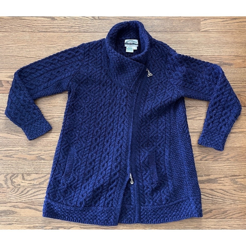 Aran Crafts Athenry Asymetric Navy Coat Womens Large Petite Irish Merino Wool